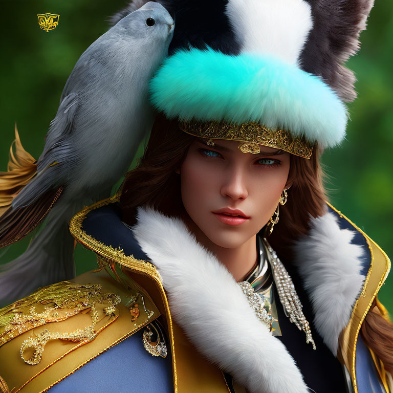 CG portrait of woman with green eyes, fur-trimmed hat, parrot, and golden garments