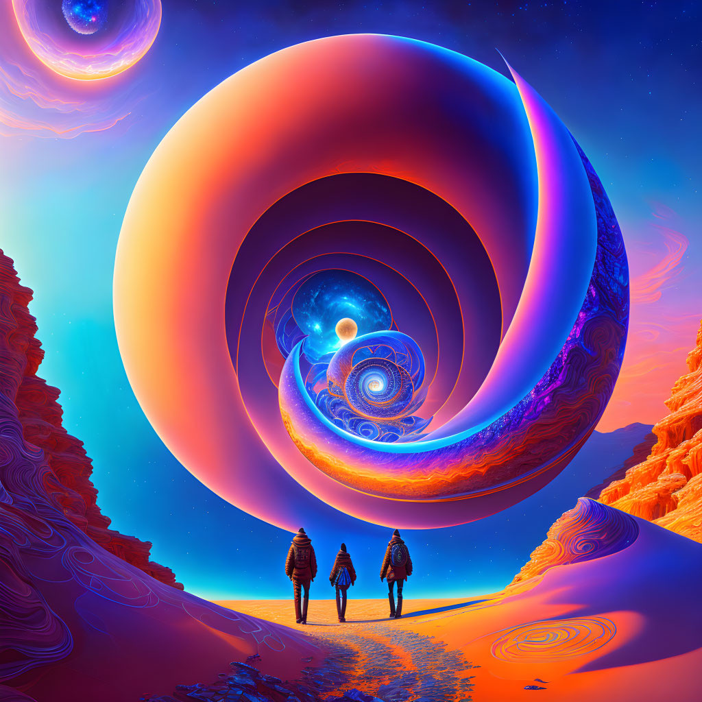 Three people walking towards surreal cosmic vortex in desert landscape