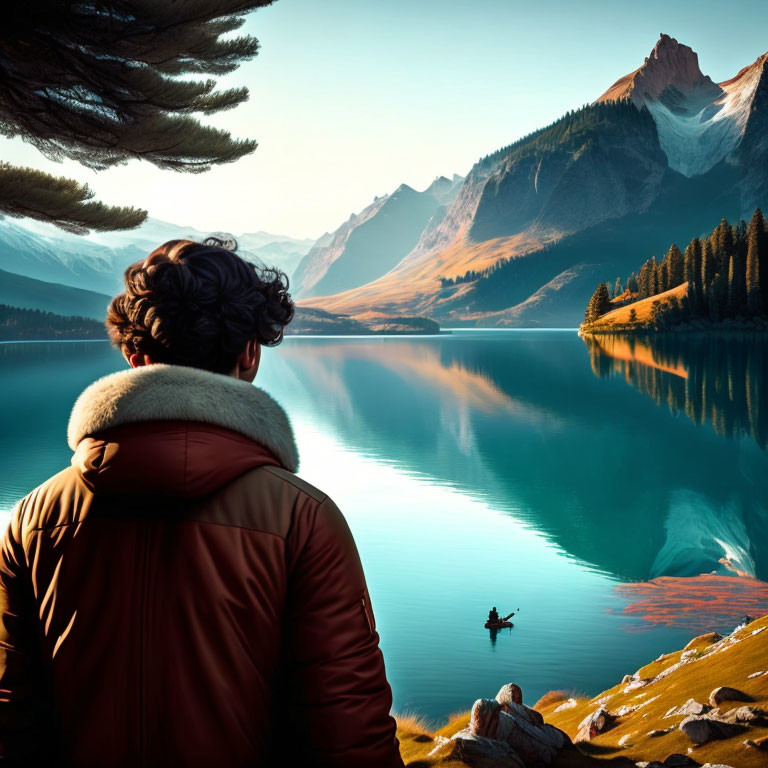 Person in warm jacket by tranquil lake and mountains under blue sky