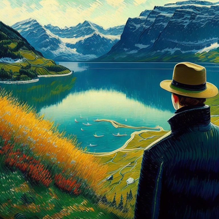 Person in hat admiring mountain lake with sailboats and autumn foliage