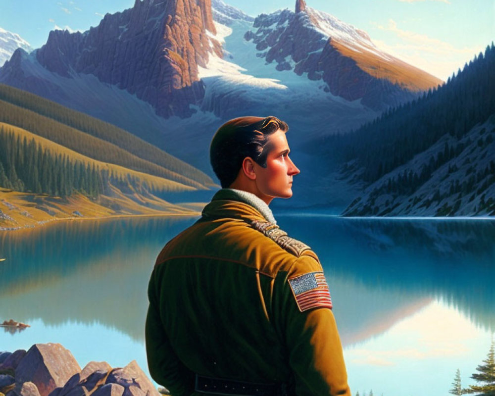 Man in Green Jacket Contemplating Tranquil Lake & Mountains