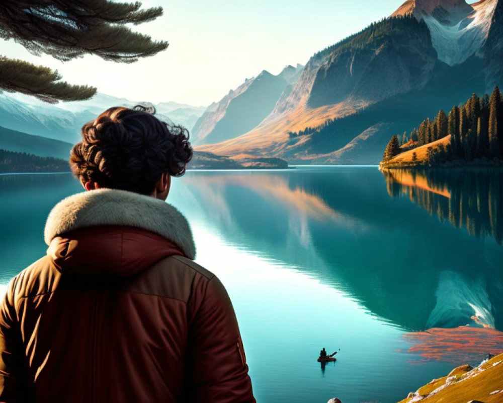 Person in warm jacket by tranquil lake and mountains under blue sky