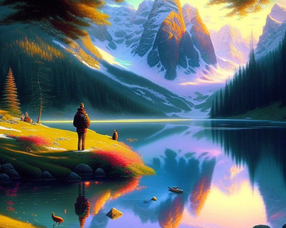 Tranquil mountain lake scene at sunrise or sunset with vibrant colors, lush forest, and wildlife