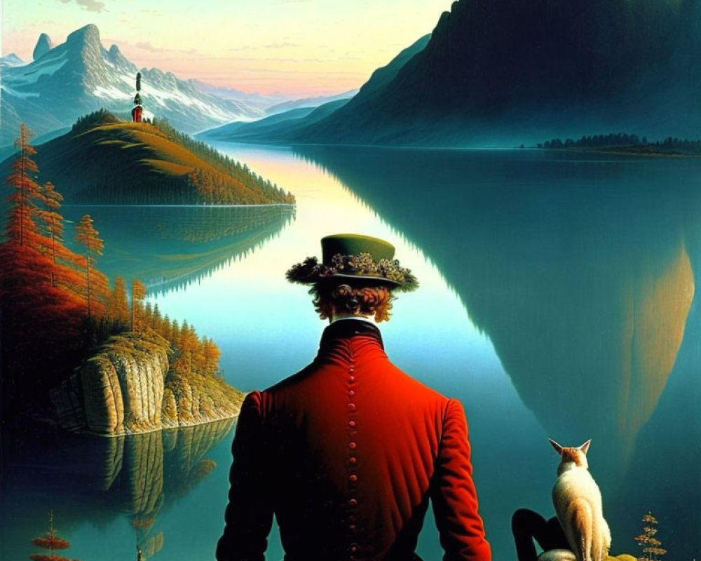 Person in Red Coat with White Cat by Mountain Lake at Sunset