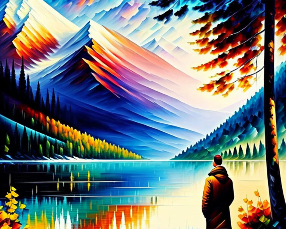 Person in jacket by vibrant lake with colorful trees and mountains under stylized sky