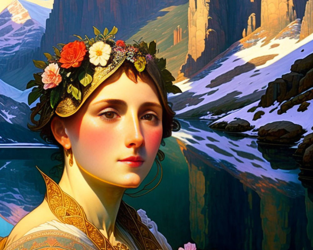 Woman wearing floral crown and patterned dress in mountainous landscape with river and cliffs.