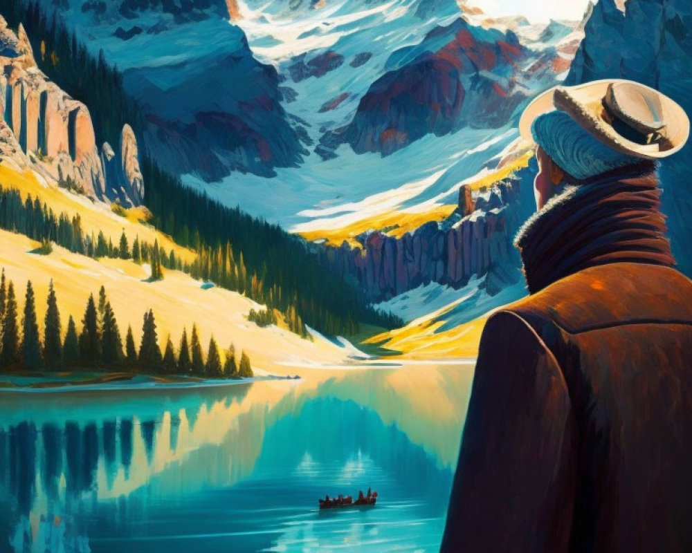 Person in hat and coat by tranquil mountain lake with canoe and snow-capped peaks