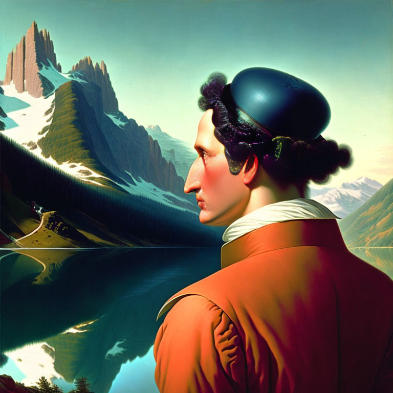 Stylized portrait of person in black hat and red attire against serene mountain landscape