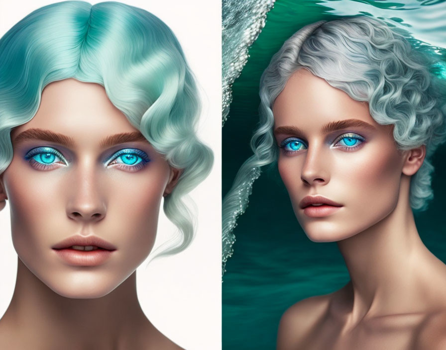 Dual Portraits: Woman with Pastel Blue Hair and Striking Blue Eyes on Different Backgrounds