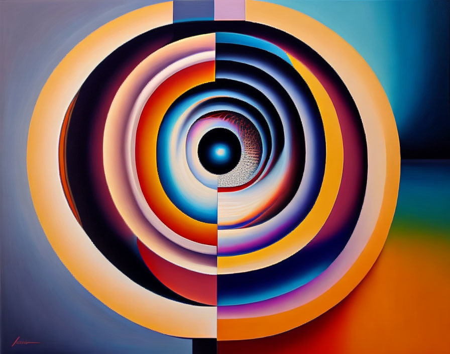 Circular Abstract Painting: Realistic Eye Surrounded by Vibrant Rings