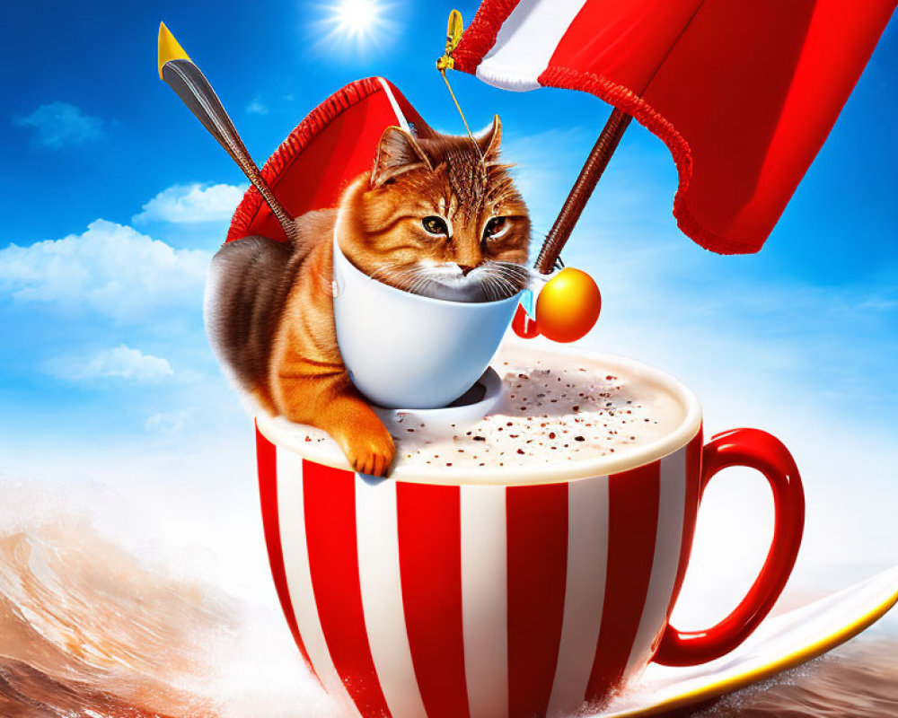 Cat riding ocean waves in coffee cup with bow and arrow under red umbrella sail