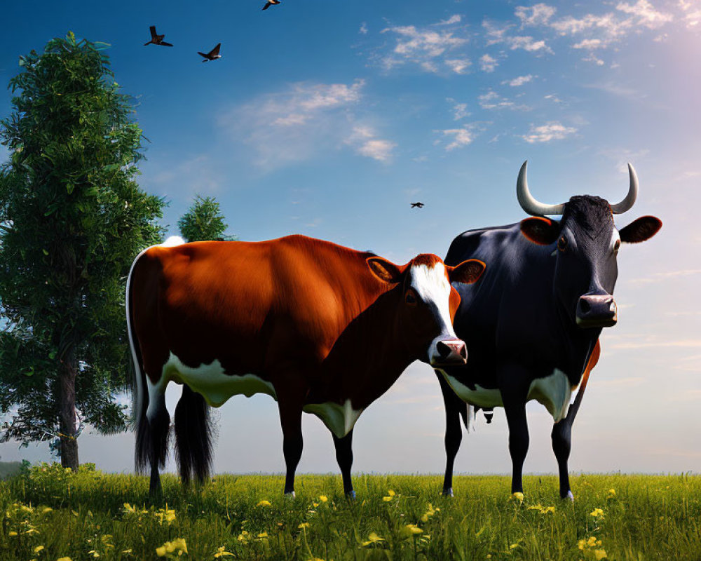 Rural scene with cows, tree, flowers, sky, and birds