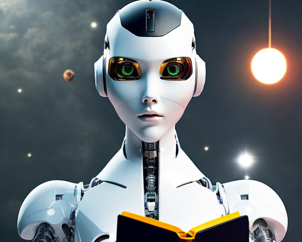 White humanoid robot holding open book in space-themed background