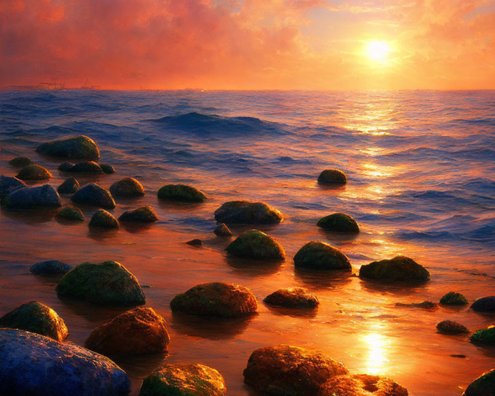 Vibrant sunset over moss-covered rocky shore with golden water reflection