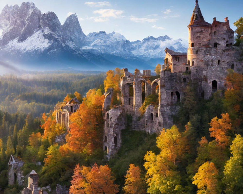 Majestic ancient castle in vibrant autumn forest & snow-capped mountains