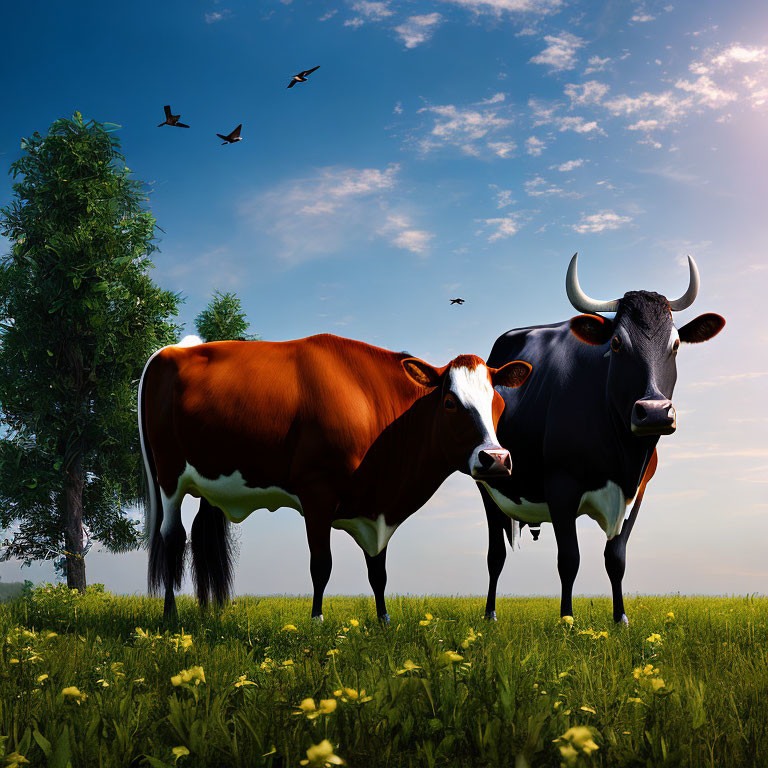 Rural scene with cows, tree, flowers, sky, and birds