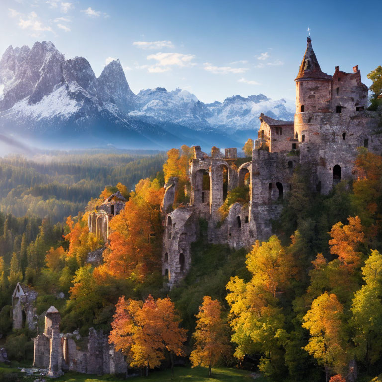 Majestic ancient castle in vibrant autumn forest & snow-capped mountains