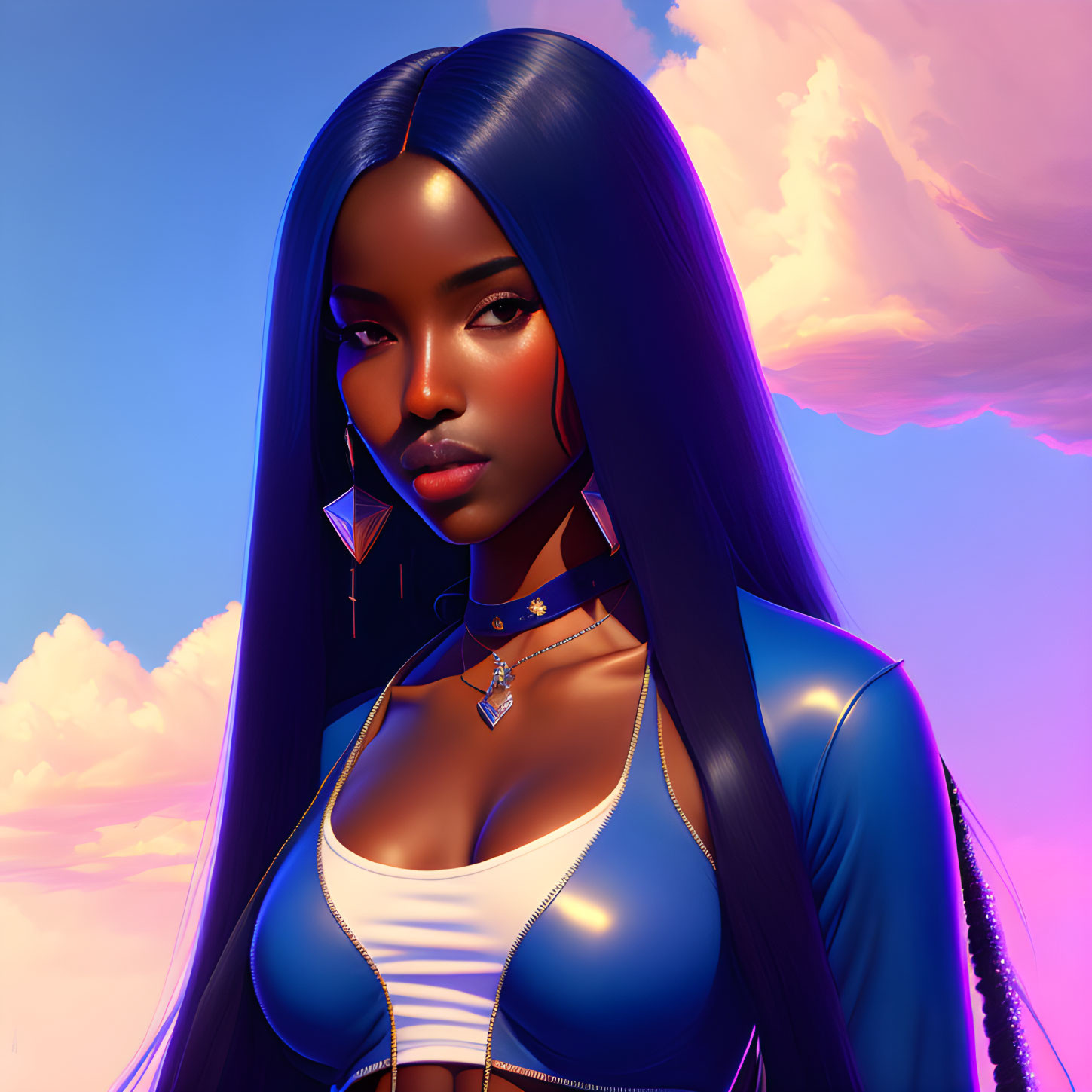 Digital Artwork: Woman with Long Black Hair in Blue Attire at Sunset