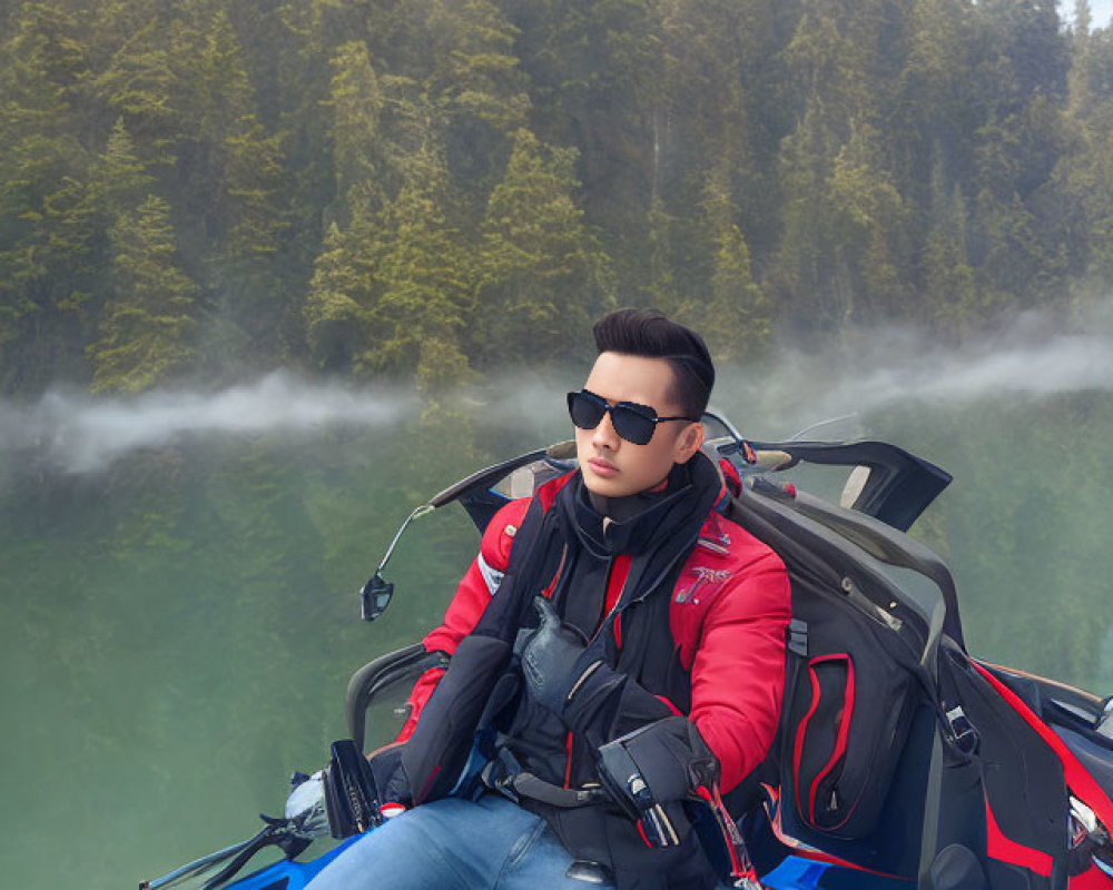 Man in Red Jacket on Blue Jet Ski in Misty Water with Forest Background