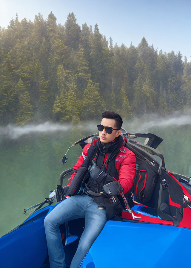 Man in Red Jacket on Blue Jet Ski in Misty Water with Forest Background