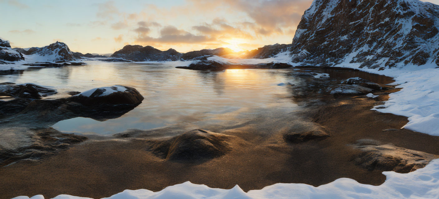 Snowy Mountainous Coastline at Sunset with Calm Water Reflections