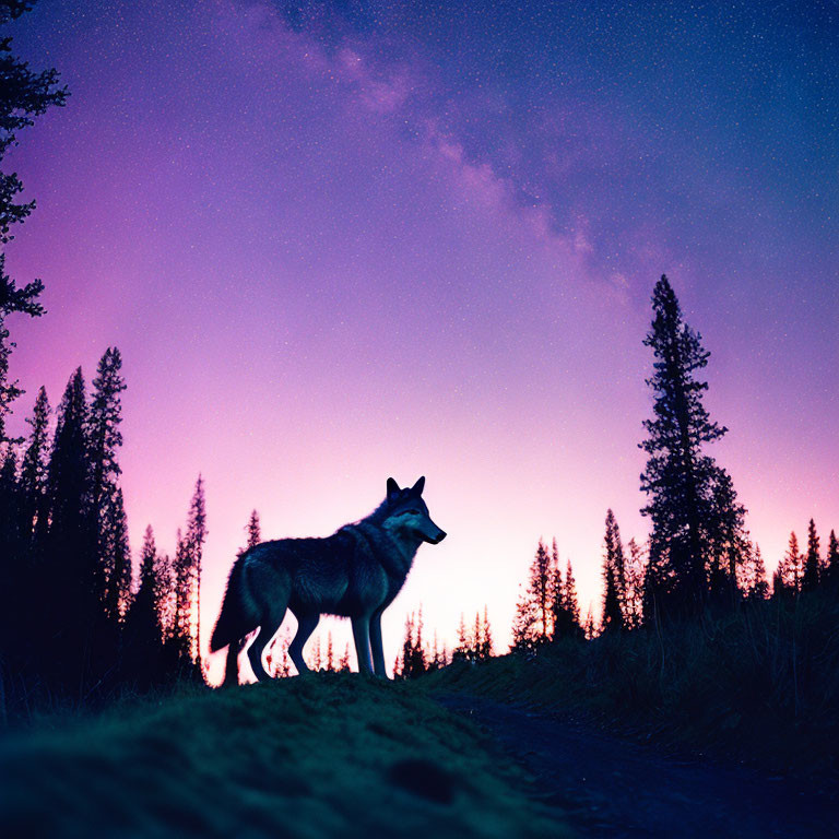 Silhouette of wolf against vibrant twilight sky and forest trees