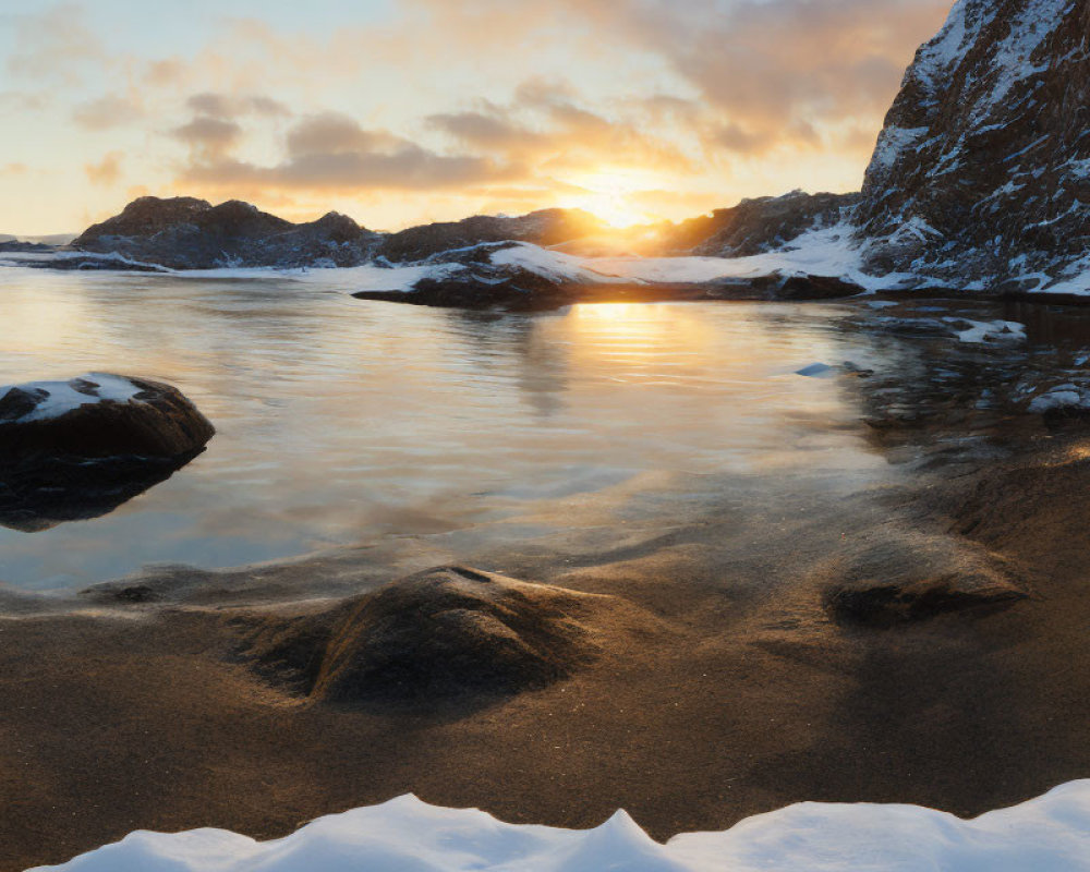 Snowy Mountainous Coastline at Sunset with Calm Water Reflections