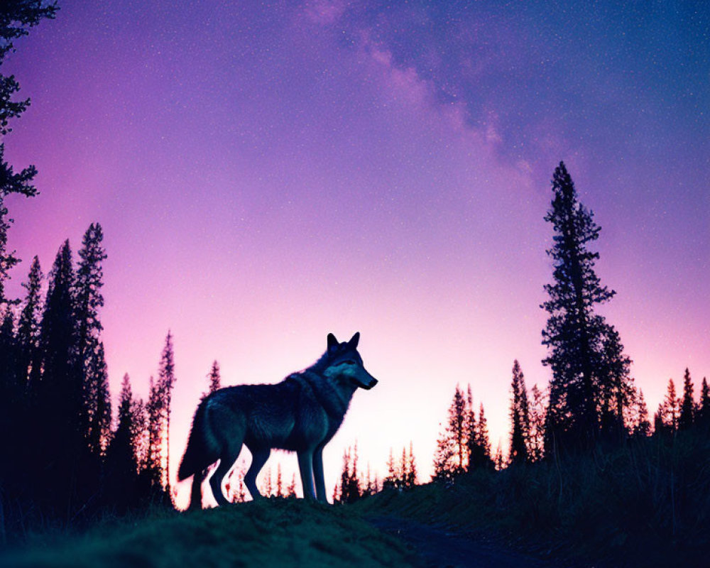 Silhouette of wolf against vibrant twilight sky and forest trees