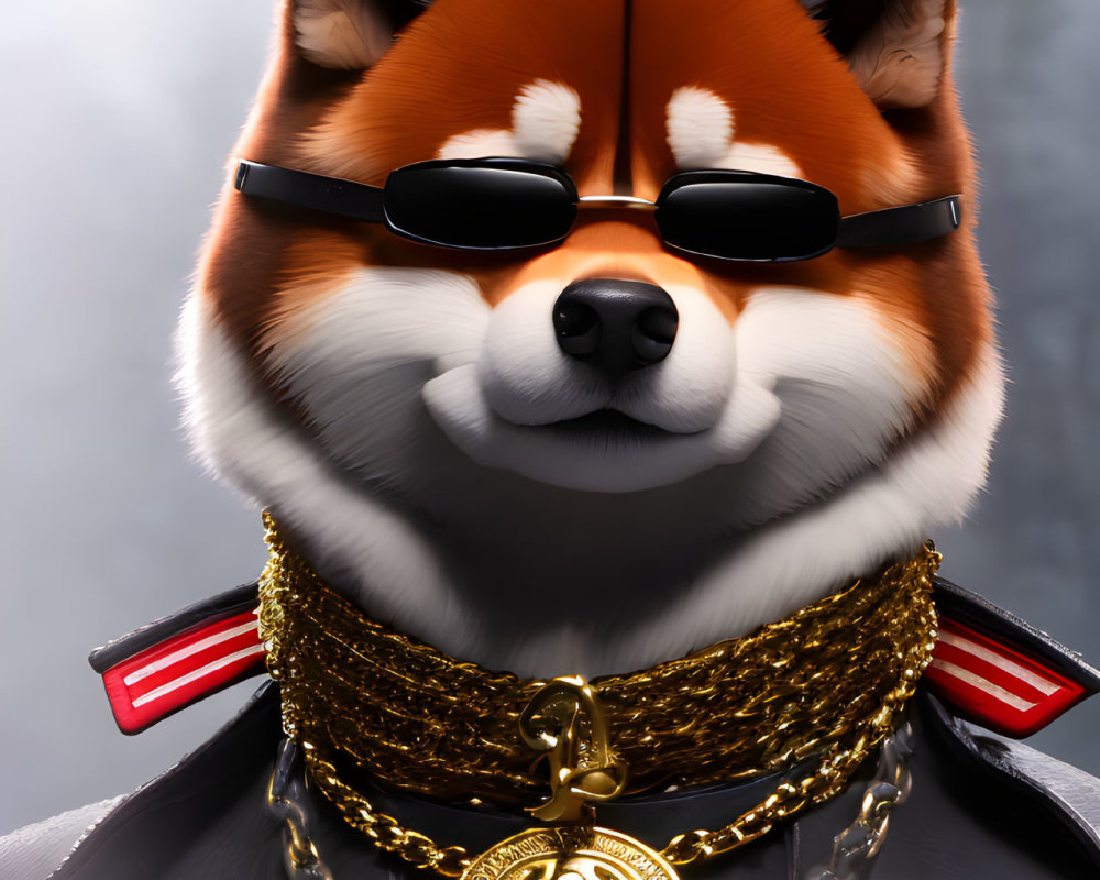 Stylized digital illustration of Shiba Inu dog in sunglasses, gold chain, leather jacket