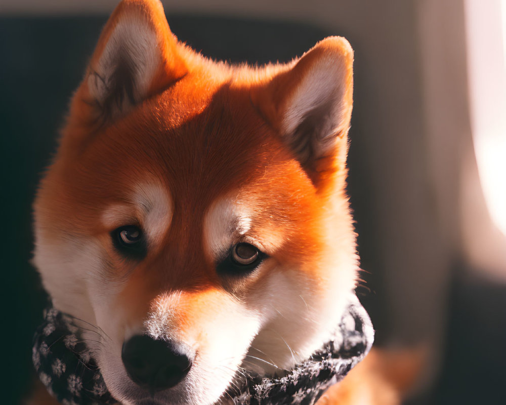 Shiba Inu Dog in Scarf Basks in Warm Indoor Sunlight