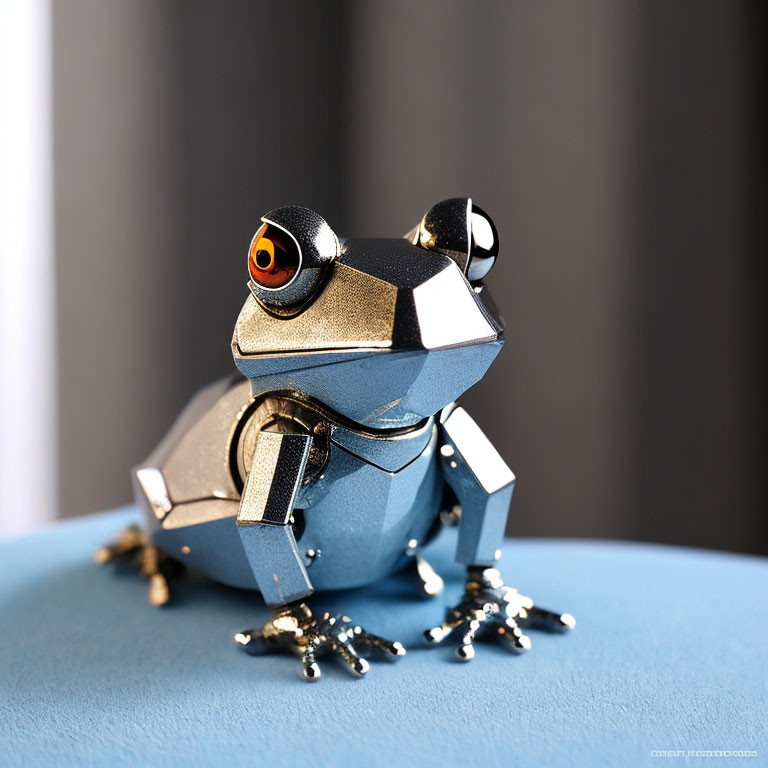 Metallic frog sculpture with detailed joints and realistic eyes on blue surface