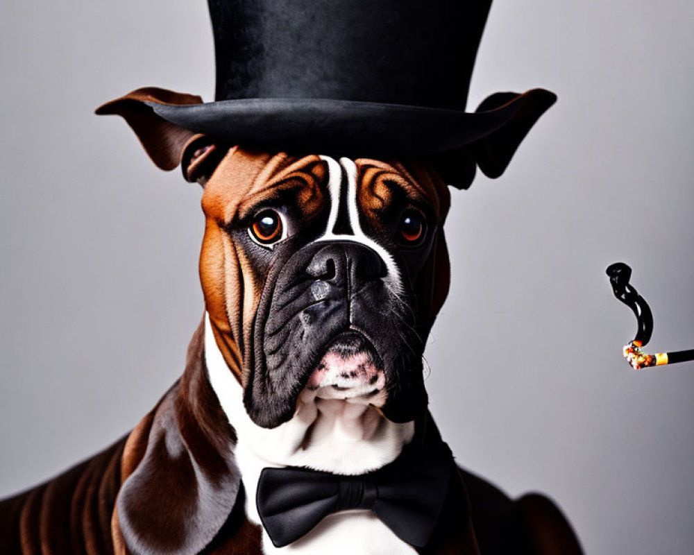 Wrinkled-faced dog in top hat and bow tie with pipe on grey background