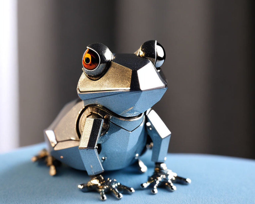 Metallic frog sculpture with detailed joints and realistic eyes on blue surface