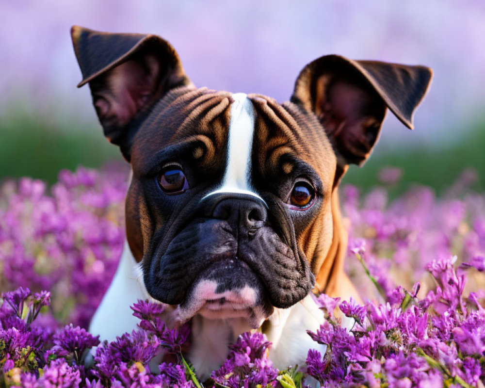 Brown and White Bulldog Surrounded by Purple Flowers and Blurred Background