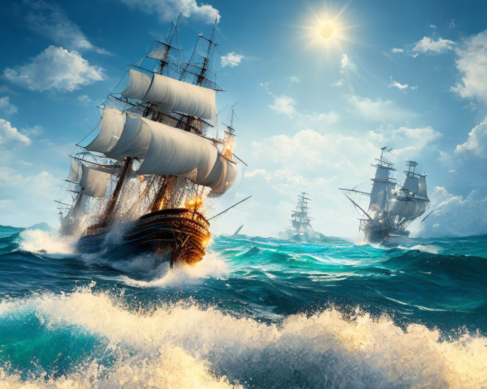 Majestic sailing ships in rough seas with sunbeams piercing clouds