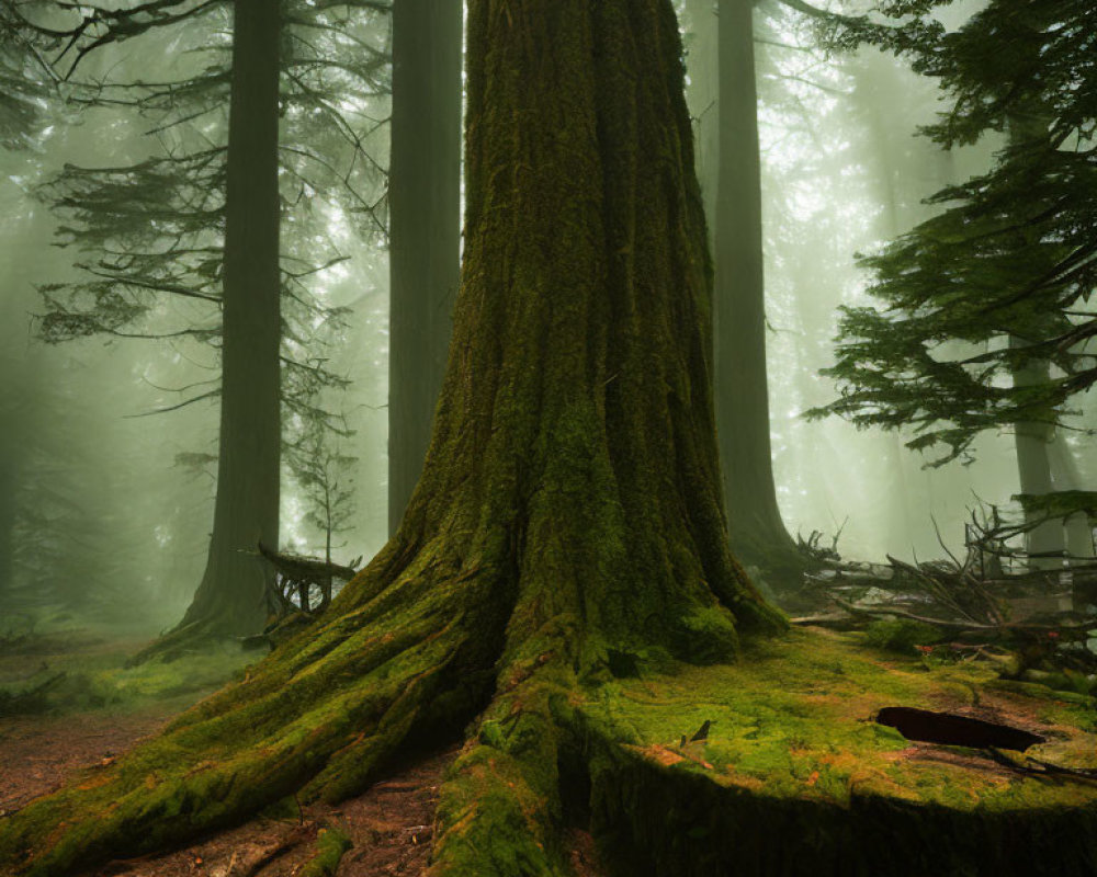 Majestic moss-covered tree in foggy forest landscape