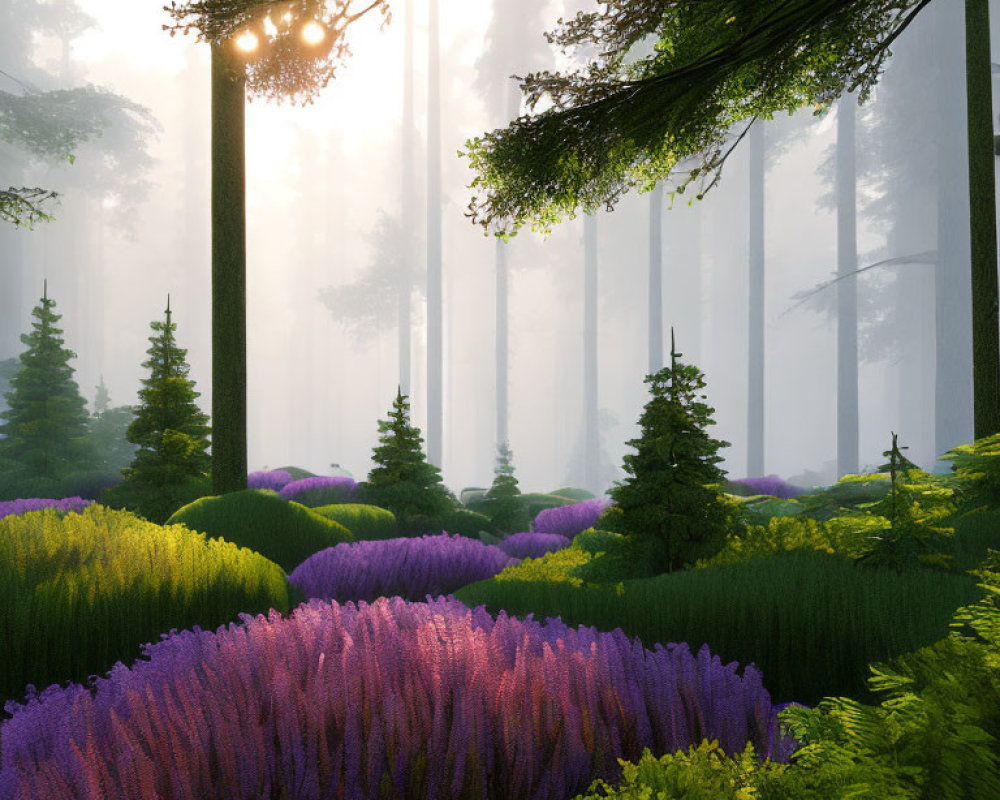 Misty forest with vibrant purple and pink flowers