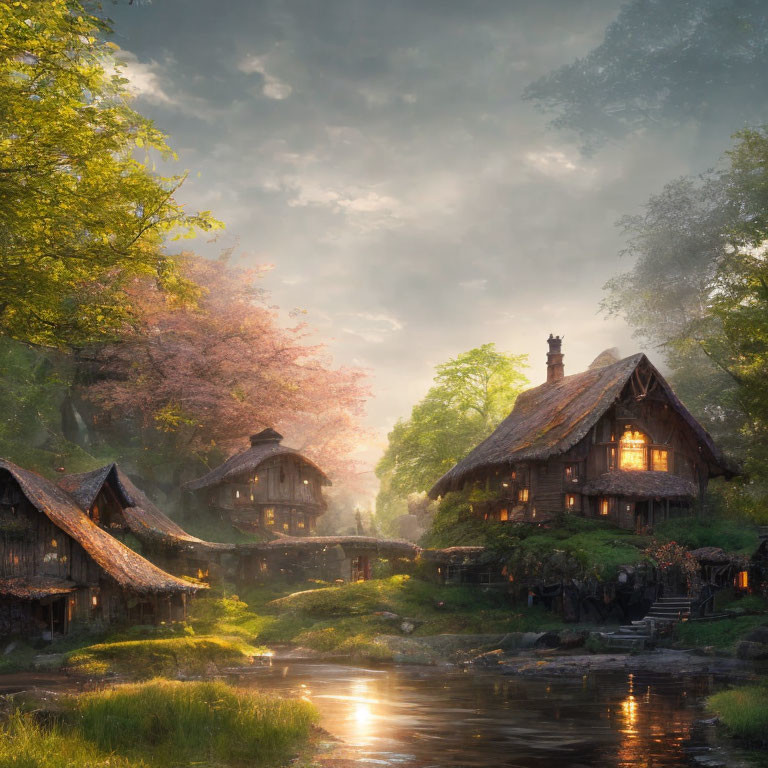 Tranquil village with thatched-roof houses near calm stream and blooming trees