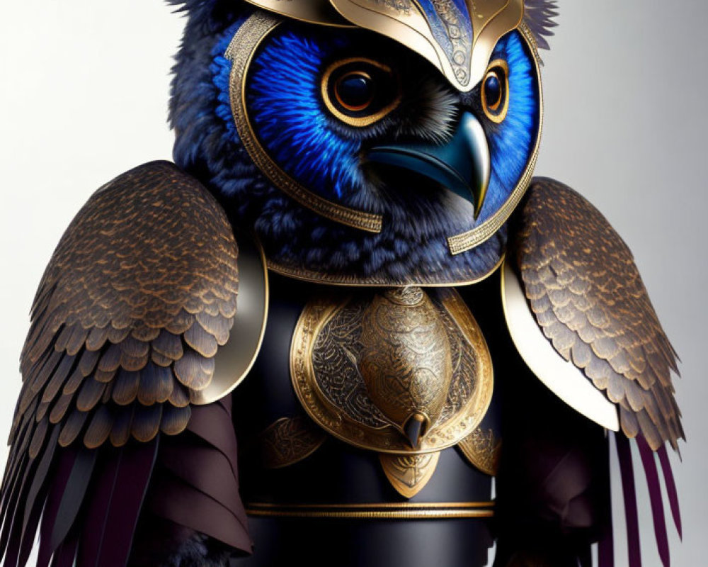 Detailed digital illustration of anthropomorphic owl in golden-trimmed samurai armor