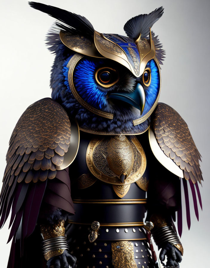 Detailed digital illustration of anthropomorphic owl in golden-trimmed samurai armor