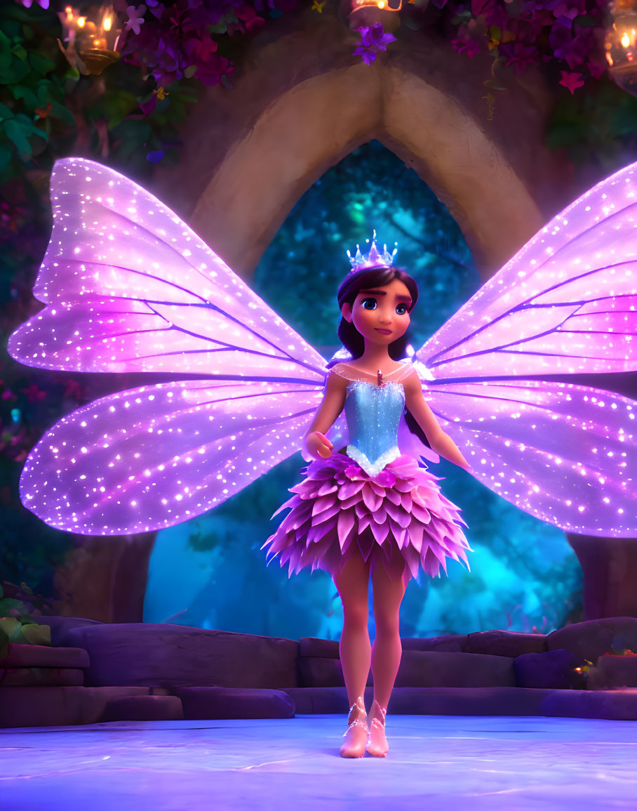 Glowing pink-winged fairy princess in enchanted forest setting