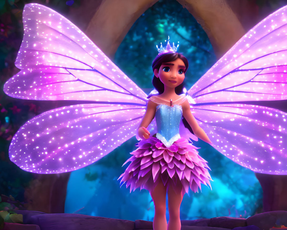 Glowing pink-winged fairy princess in enchanted forest setting