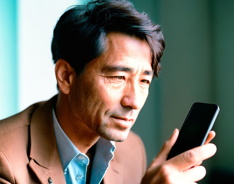 Middle-aged man in suit with graying hair focused on smartphone screen