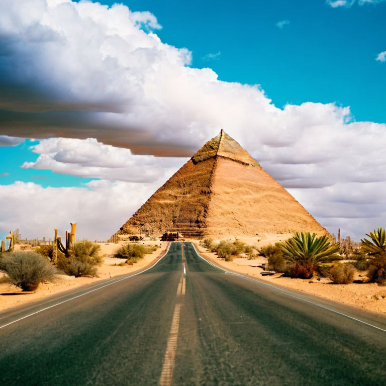 Straight road to large pyramid in desert landscape under blue sky