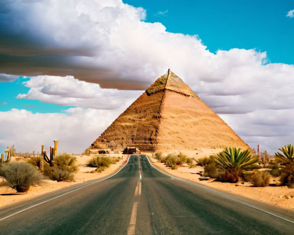 Straight road to large pyramid in desert landscape under blue sky