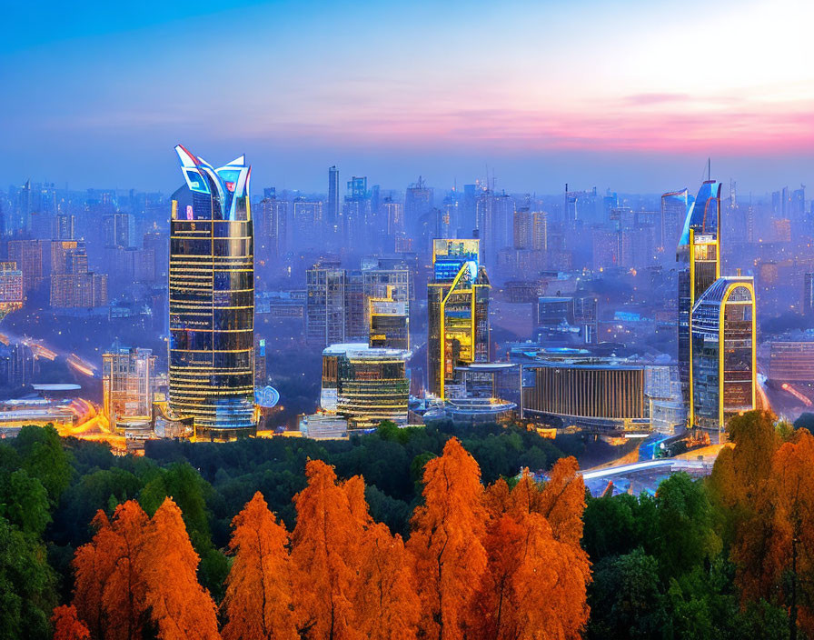 Twilight cityscape with illuminated skyscrapers, autumn trees, vibrant sunset sky