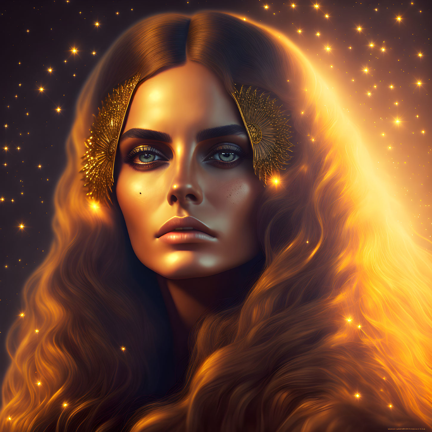 Detailed digital portrait of a woman with golden hair and shimmering stars, showcasing intricate eyes and gold-