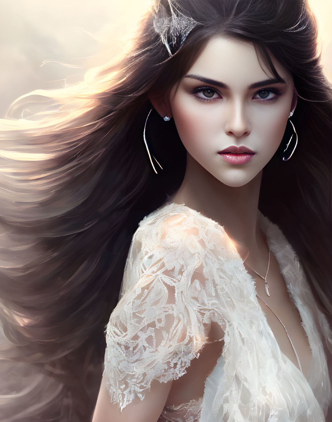 Digital artwork of woman with flowing hair and blue eyes in white lace attire and silver earrings on dreamy