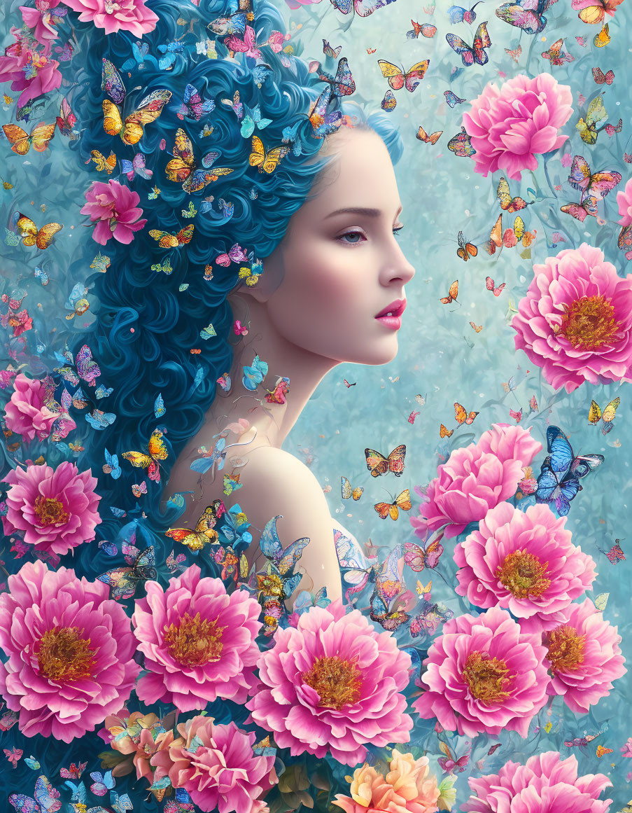 Portrait of Woman with Blue Hair Among Pink Flowers and Butterflies