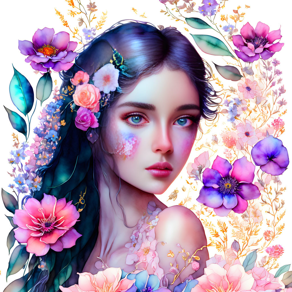 Vibrant illustration of person with blue hair and eyes amidst colorful flowers